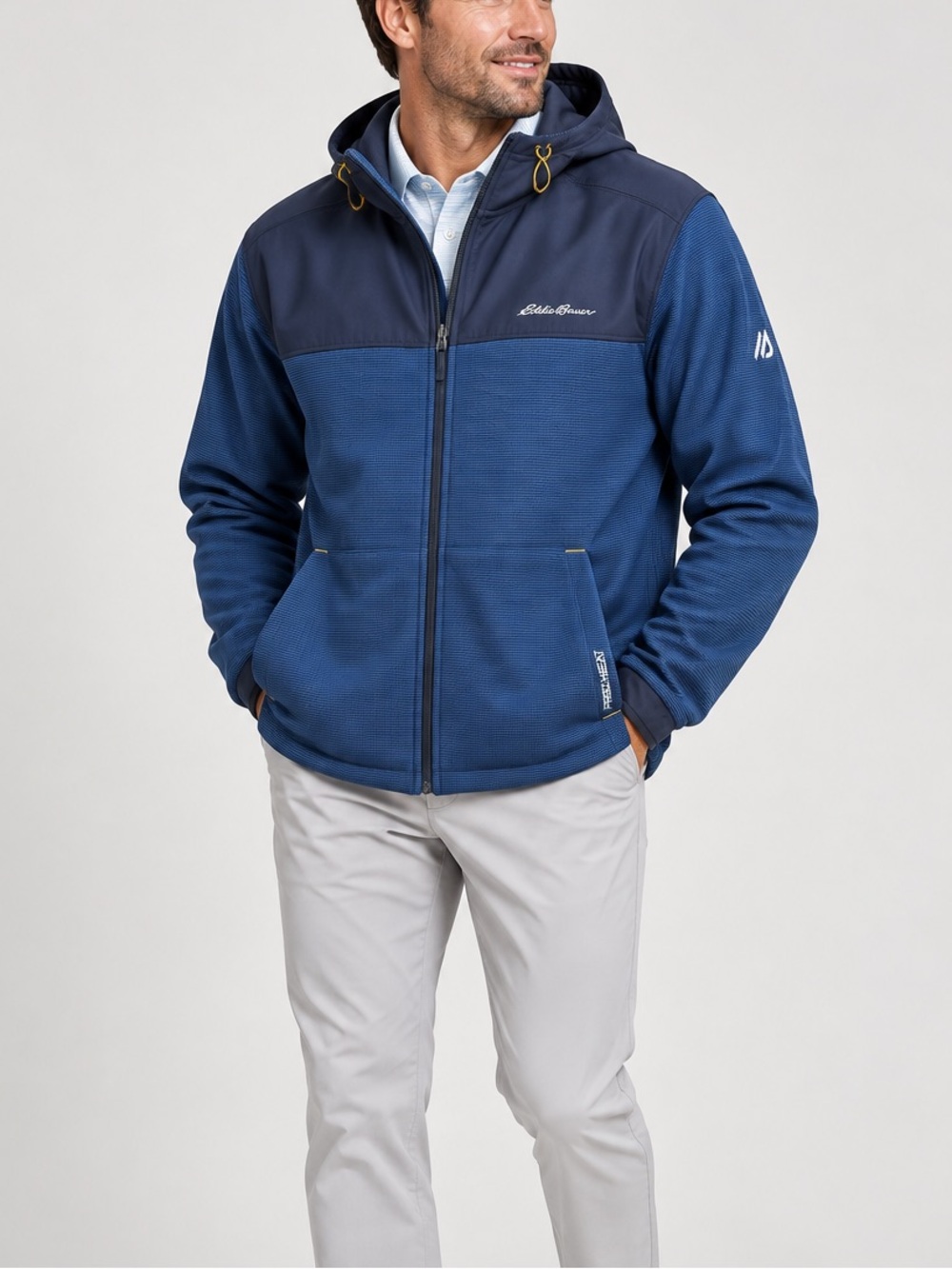 Eddie Bauer Men's Motion FreeHeat Hooded Full Zip Performance Jacket Blue